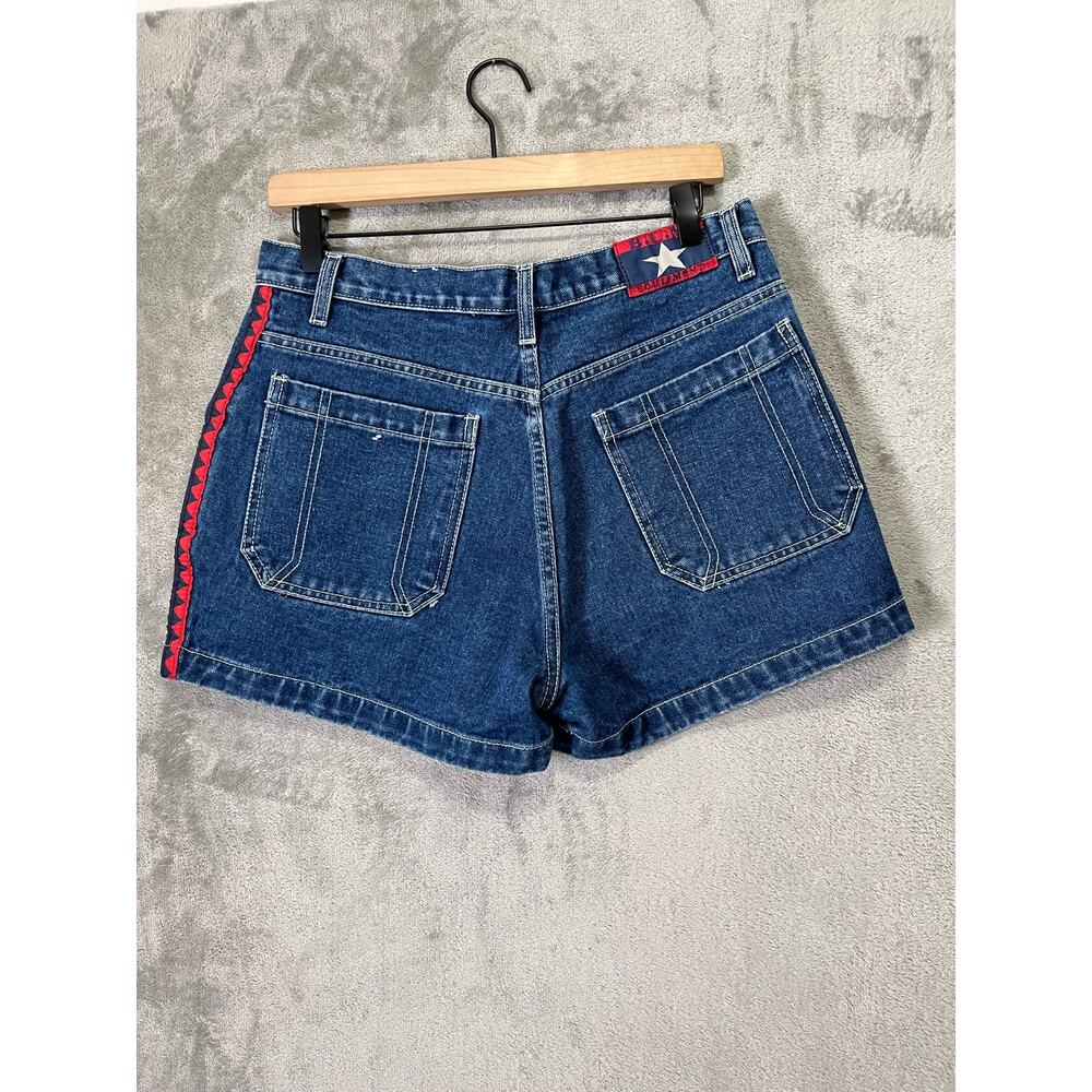 Vintage Y2K BUM Denim Shorts Blue Red Side Trim Tribal Detail Retro 2000s SZ 30
